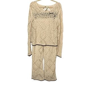 Ultra Pink Women’s M/L Cream & Black Trim Crochet 2 Piece Pant Set Boho Cottage